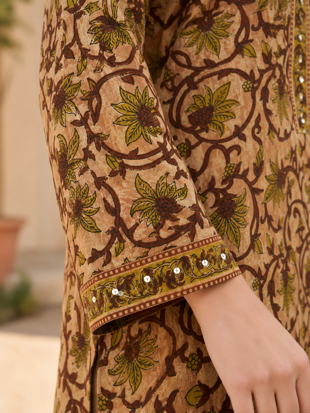 Brown Printed Pure Cotton Straight suit with Mirror & sequin Detailing