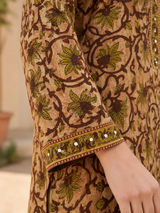 Brown Printed Pure Cotton Straight suit with Mirror & sequin Detailing