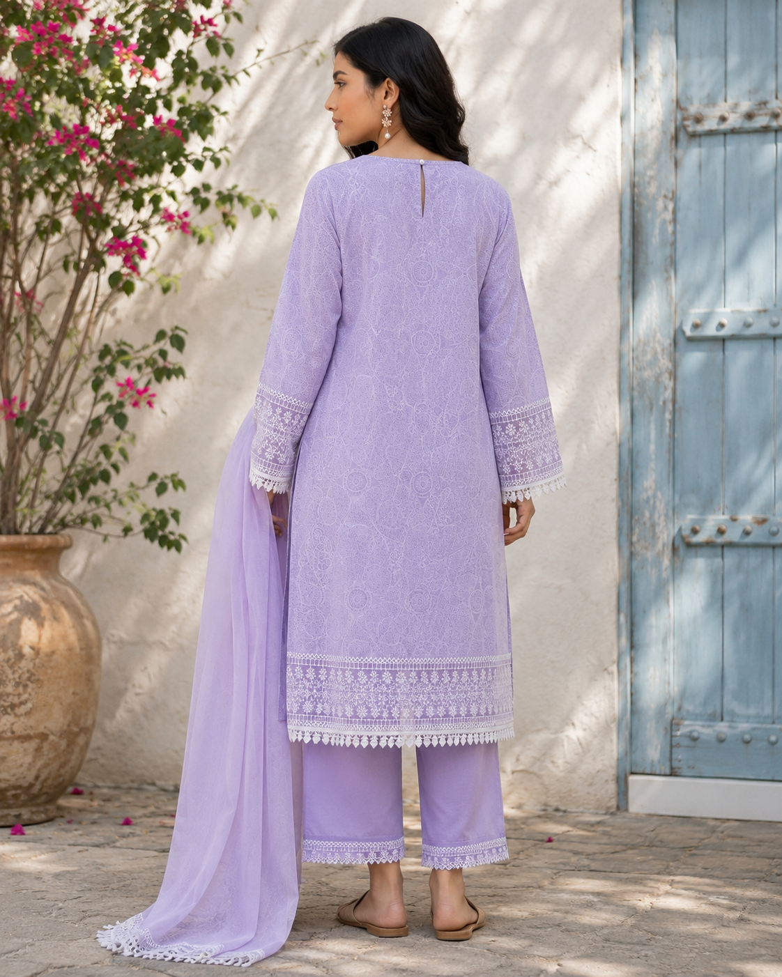 Lavender Printed Cotton Straight suit with Embriodery & Lace Detailing
