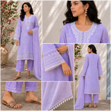 Lavender Printed Cotton Straight suit with Embriodery & Lace Detailing
