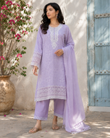 Lavender Printed Cotton Straight suit with Embriodery & Lace Detailing