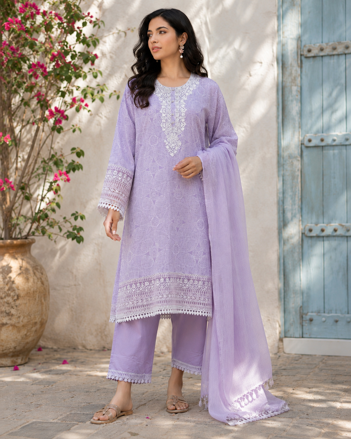 Lavender Printed Cotton Straight suit with Embriodery & Lace Detailing