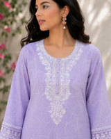 Lavender Printed Cotton Straight suit with Embriodery & Lace Detailing