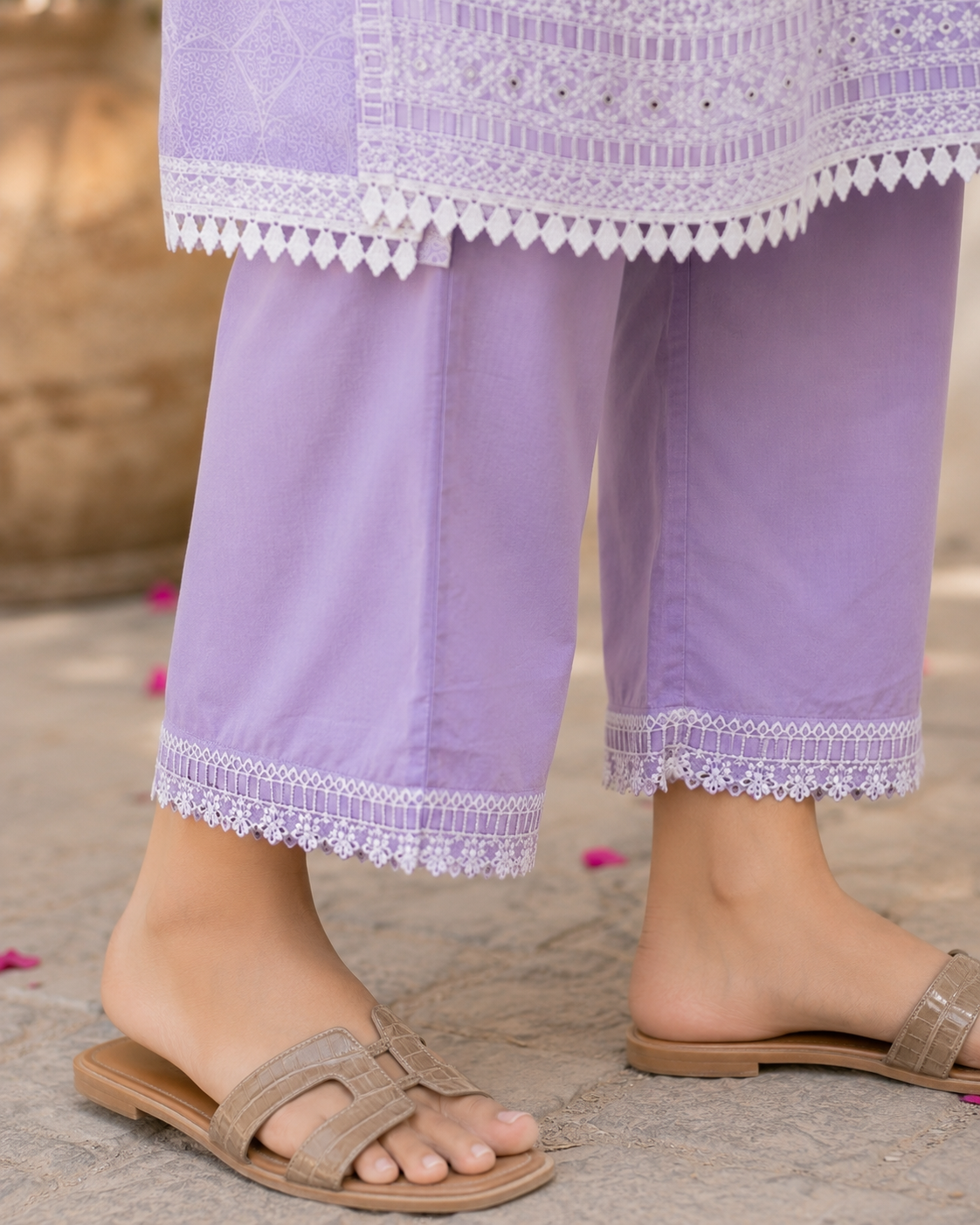 Lavender Printed Cotton Straight suit with Embriodery & Lace Detailing