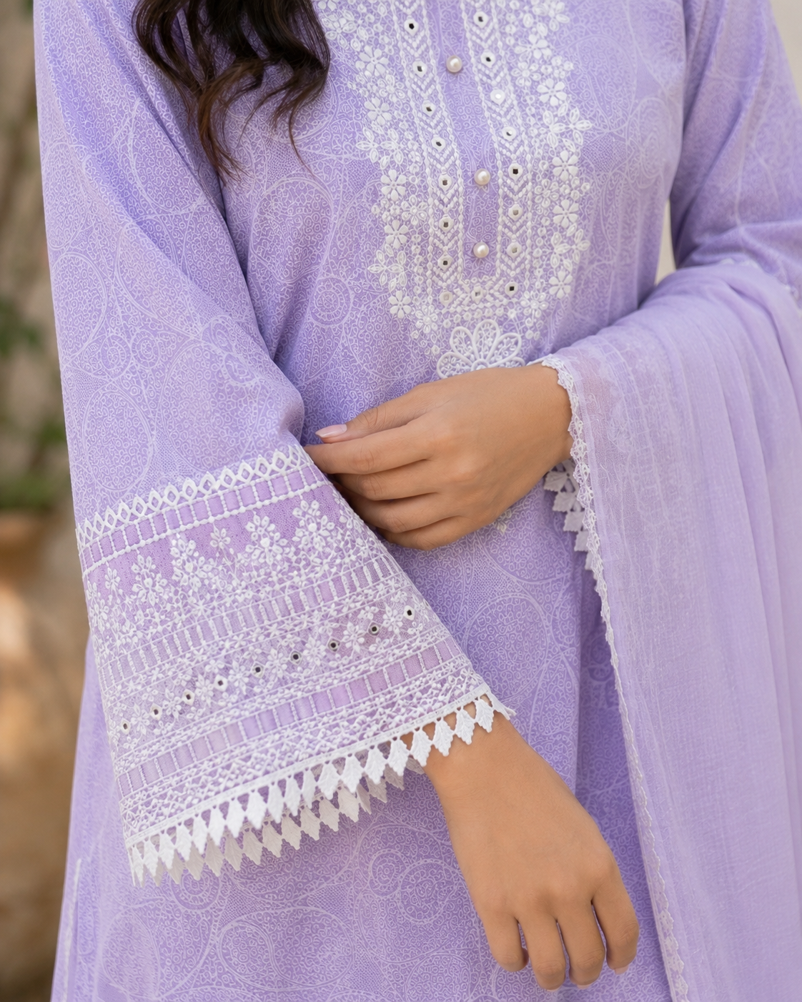 Lavender Printed Cotton Straight suit with Embriodery & Lace Detailing