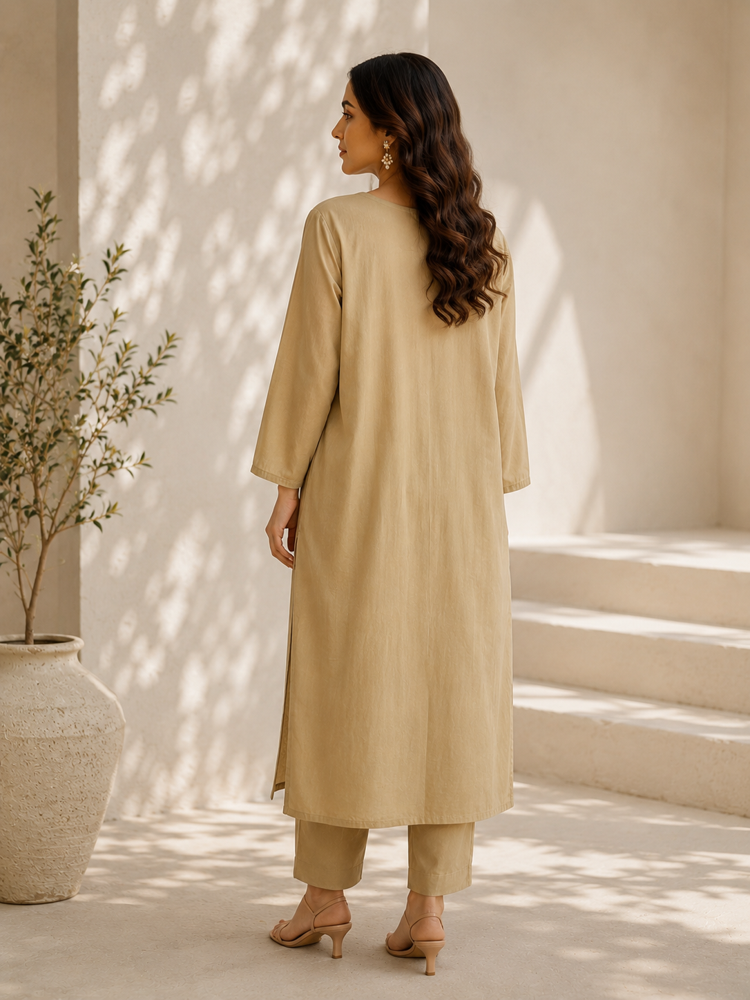 Beige Pure Cotton Co-ord Set with Embriodery