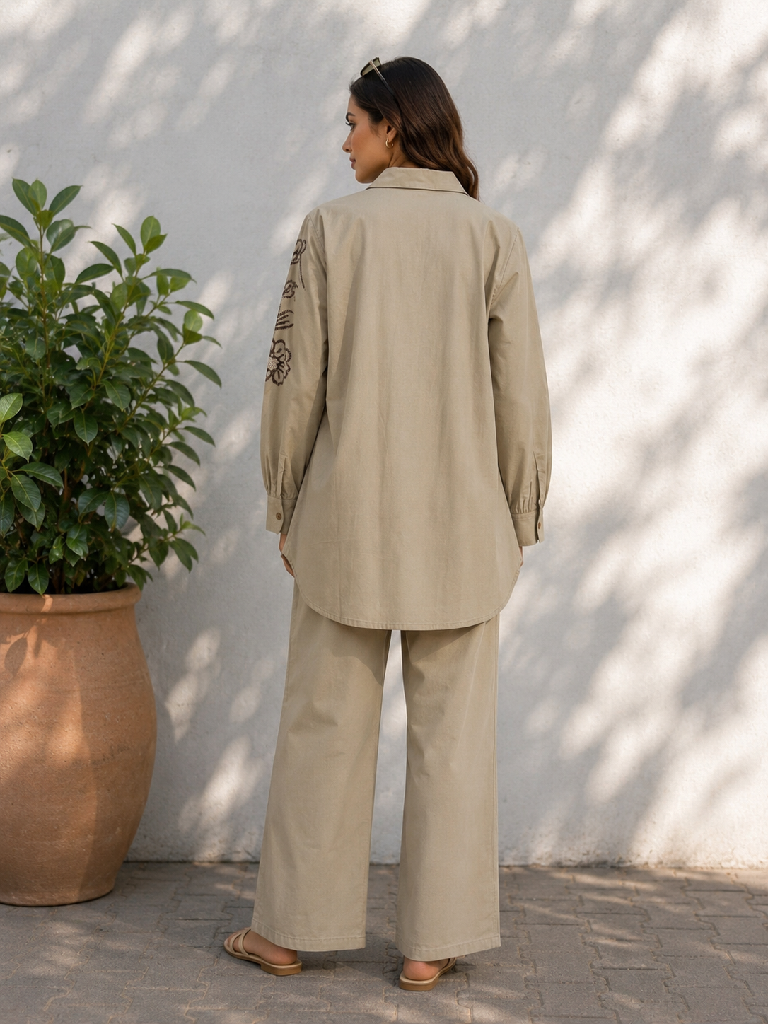 Beige Khadi Cotton Co-ord Set with Embriodery