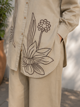 Beige Khadi Cotton Co-ord Set with Embriodery