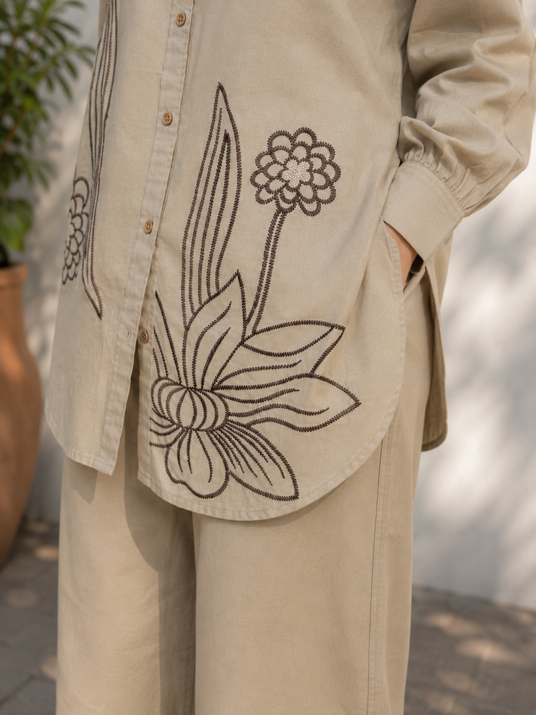 Beige Khadi Cotton Co-ord Set with Embriodery