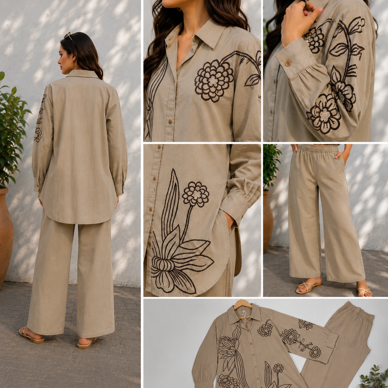 Beige Khadi Cotton Co-ord Set with Embriodery