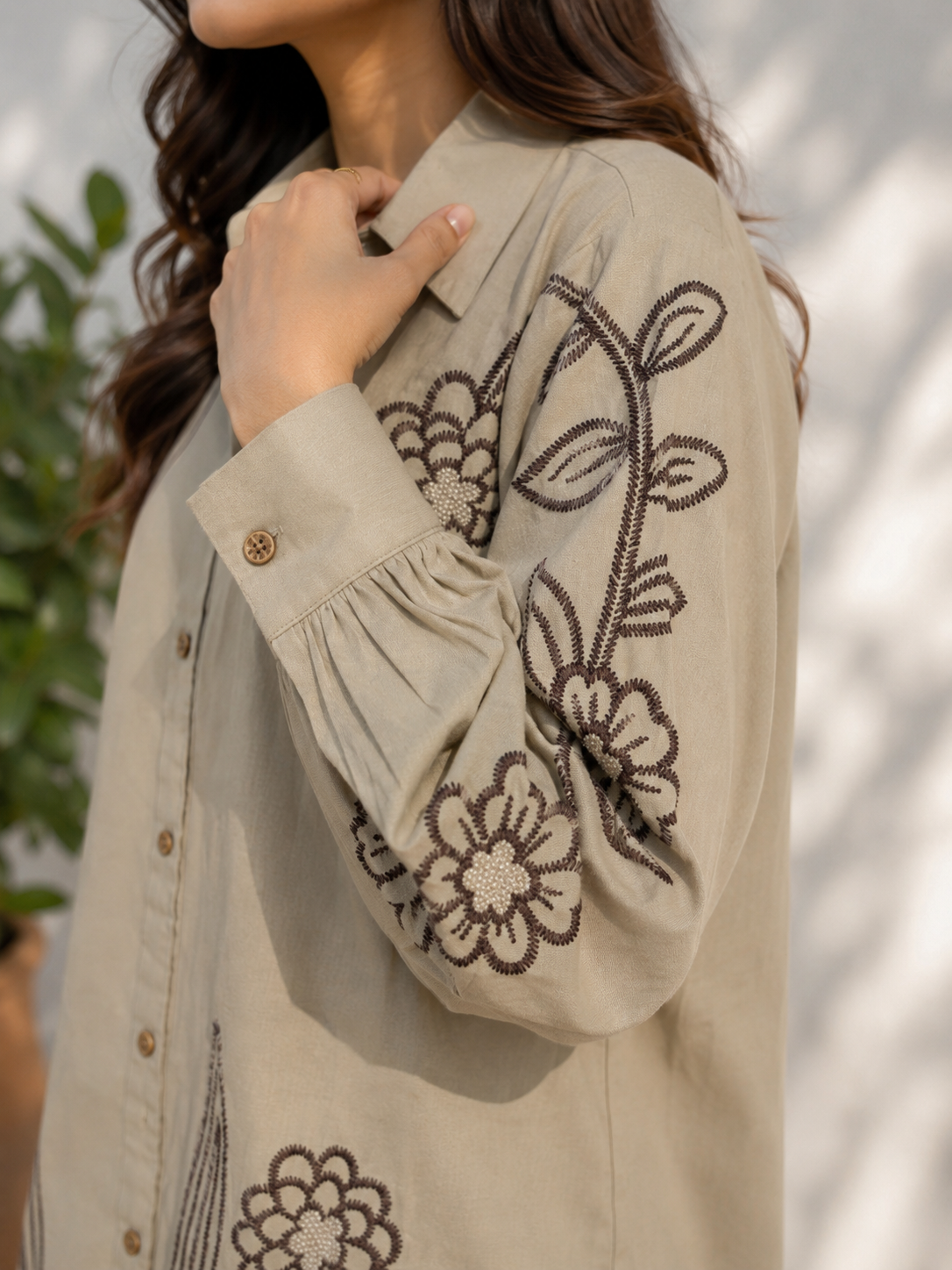 Beige Khadi Cotton Co-ord Set with Embriodery