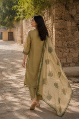 Green Pure Chanderi Straight Suit with Knot work