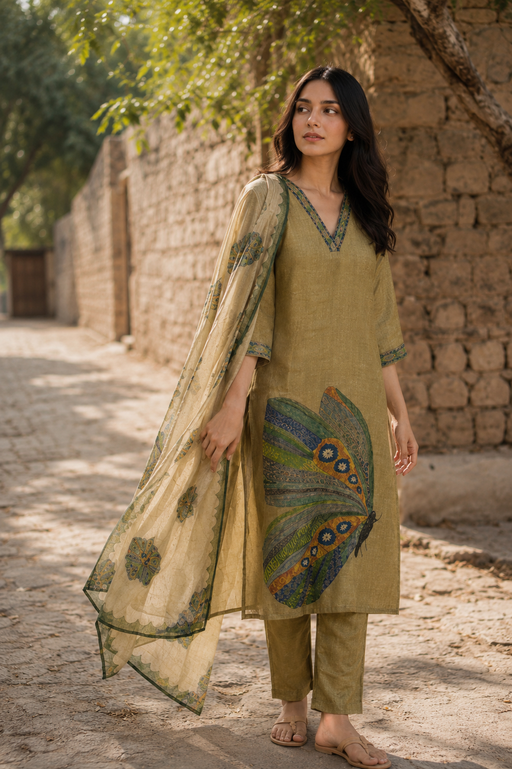 Green Pure Chanderi Straight Suit with Knot work