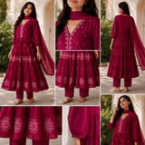 Dark Magenta Pure Cotton Flared Anarkali  Suit with Embriodery work