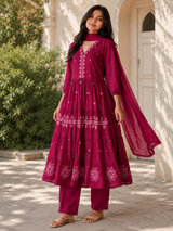 Dark Magenta Pure Cotton Flared Anarkali  Suit with Embriodery work