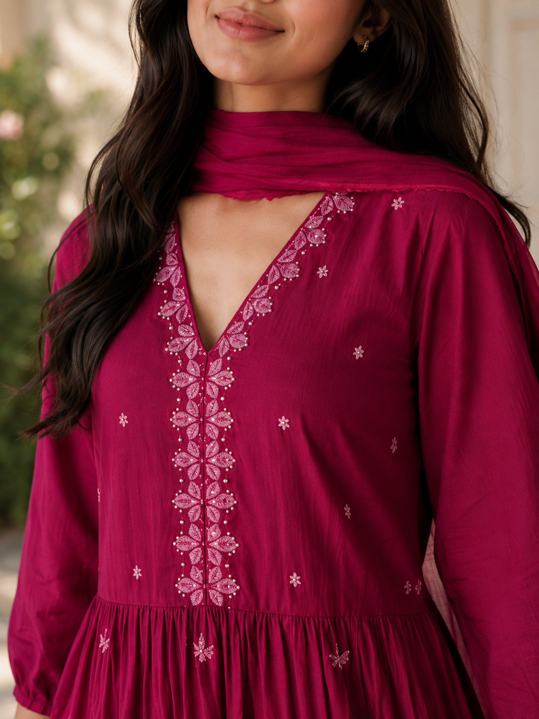 Dark Magenta Pure Cotton Flared Anarkali  Suit with Embriodery work