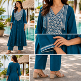 Teal Blue Pure Cotton A-Line Suit with Embriodery work