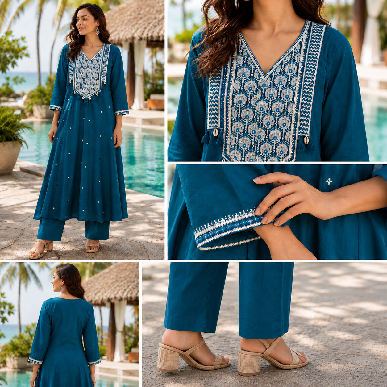 Teal Blue Pure Cotton A-Line Suit with Embriodery work