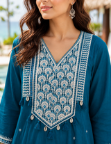 Teal Blue Pure Cotton A-Line Suit with Embriodery work