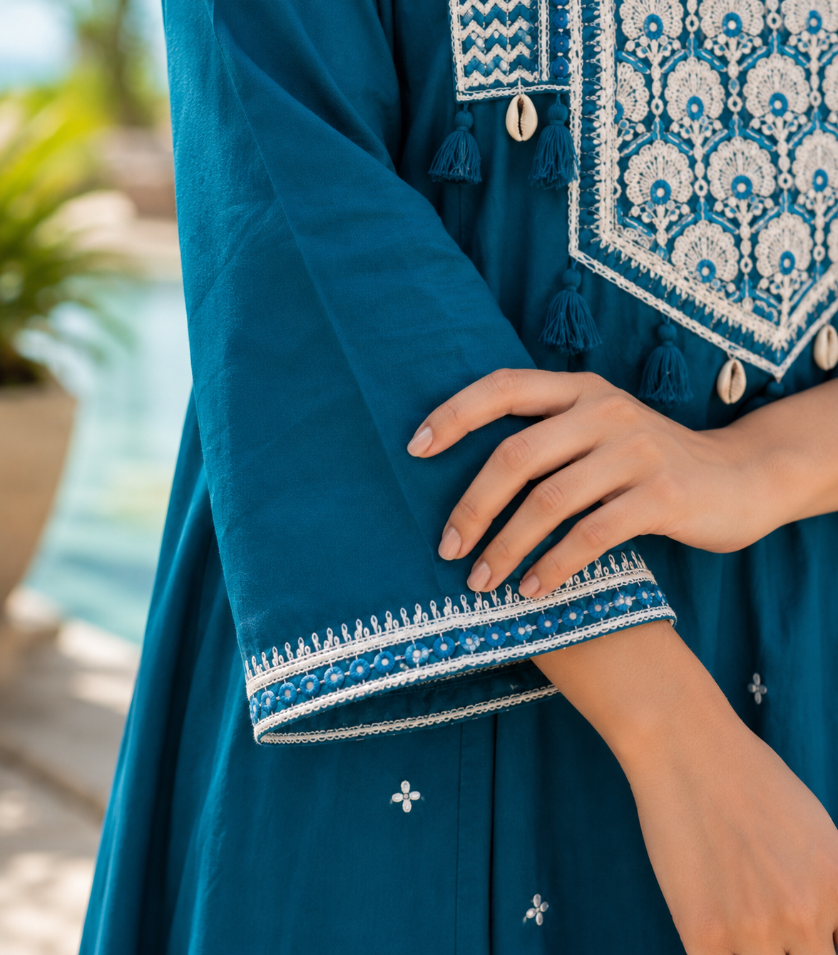 Teal Blue Pure Cotton A-Line Suit with Embriodery work