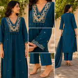Teal Silly Cotton Straight suit with Zardozi , Mirror & beads Work