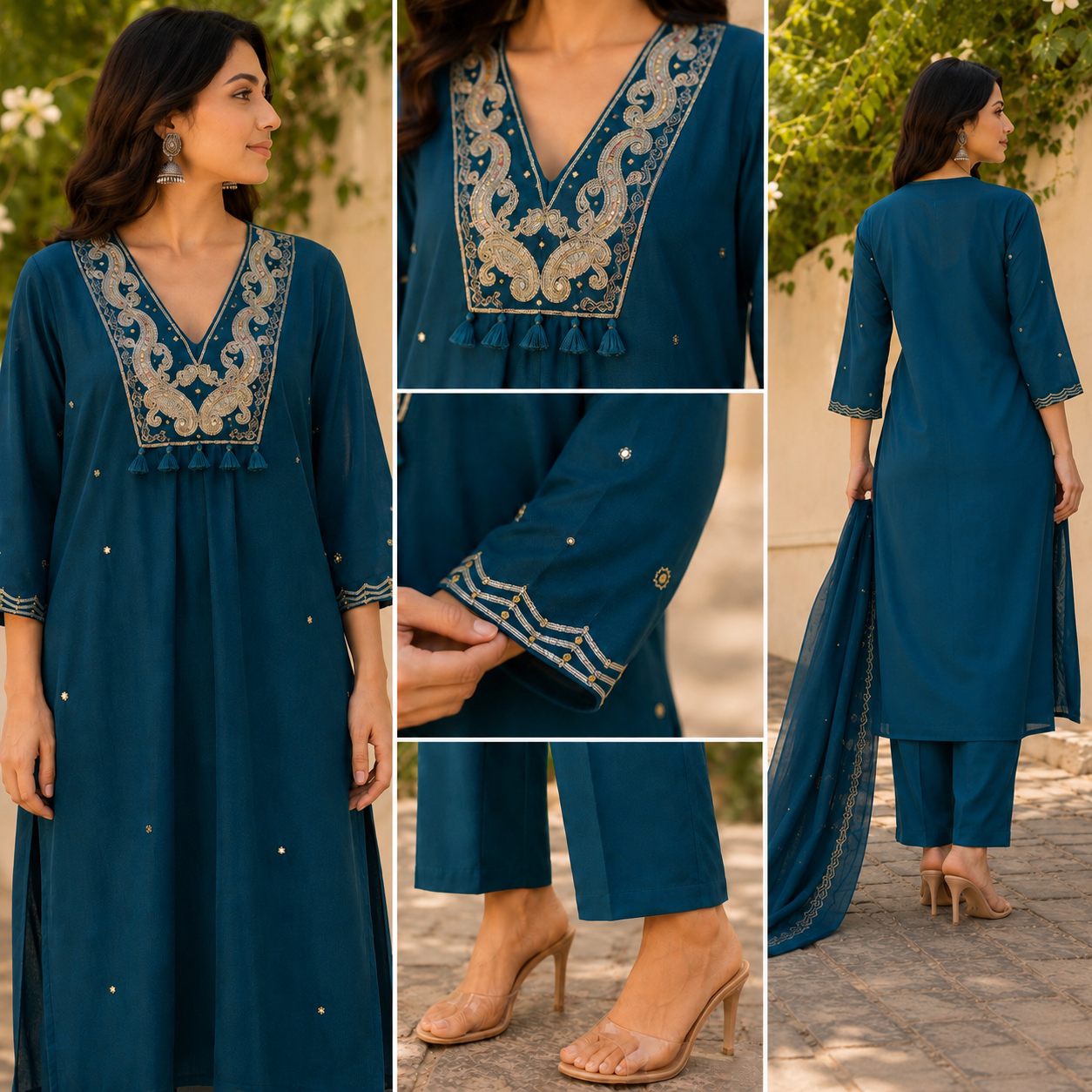 Teal Silly Cotton Straight suit with Zardozi , Mirror & beads Work