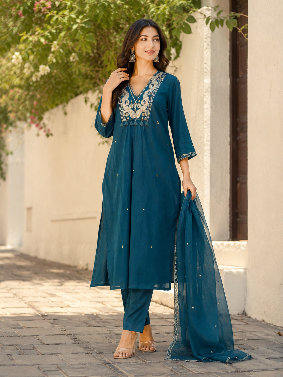 Teal Silly Cotton Straight suit with Zardozi , Mirror & beads Work