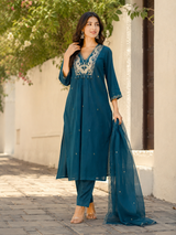 Teal Silly Cotton Straight suit with Zardozi , Mirror & beads Work