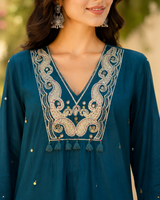 Teal Silly Cotton Straight suit with Zardozi , Mirror & beads Work