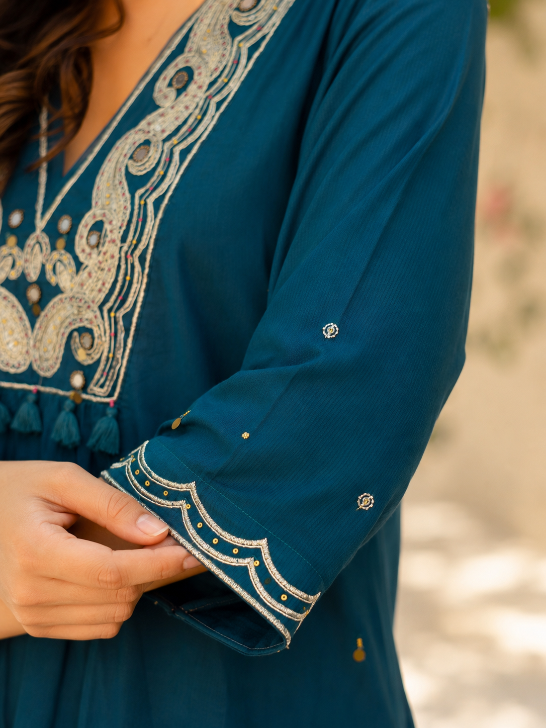 Teal Silly Cotton Straight suit with Zardozi , Mirror & beads Work