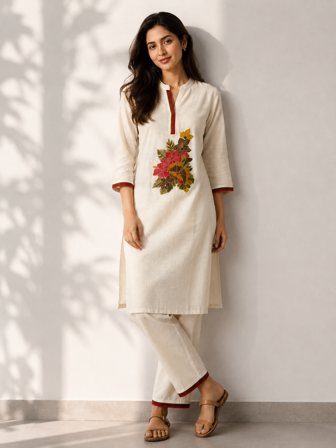 Cream Cotton Linen Co-ord Set with Embriodery