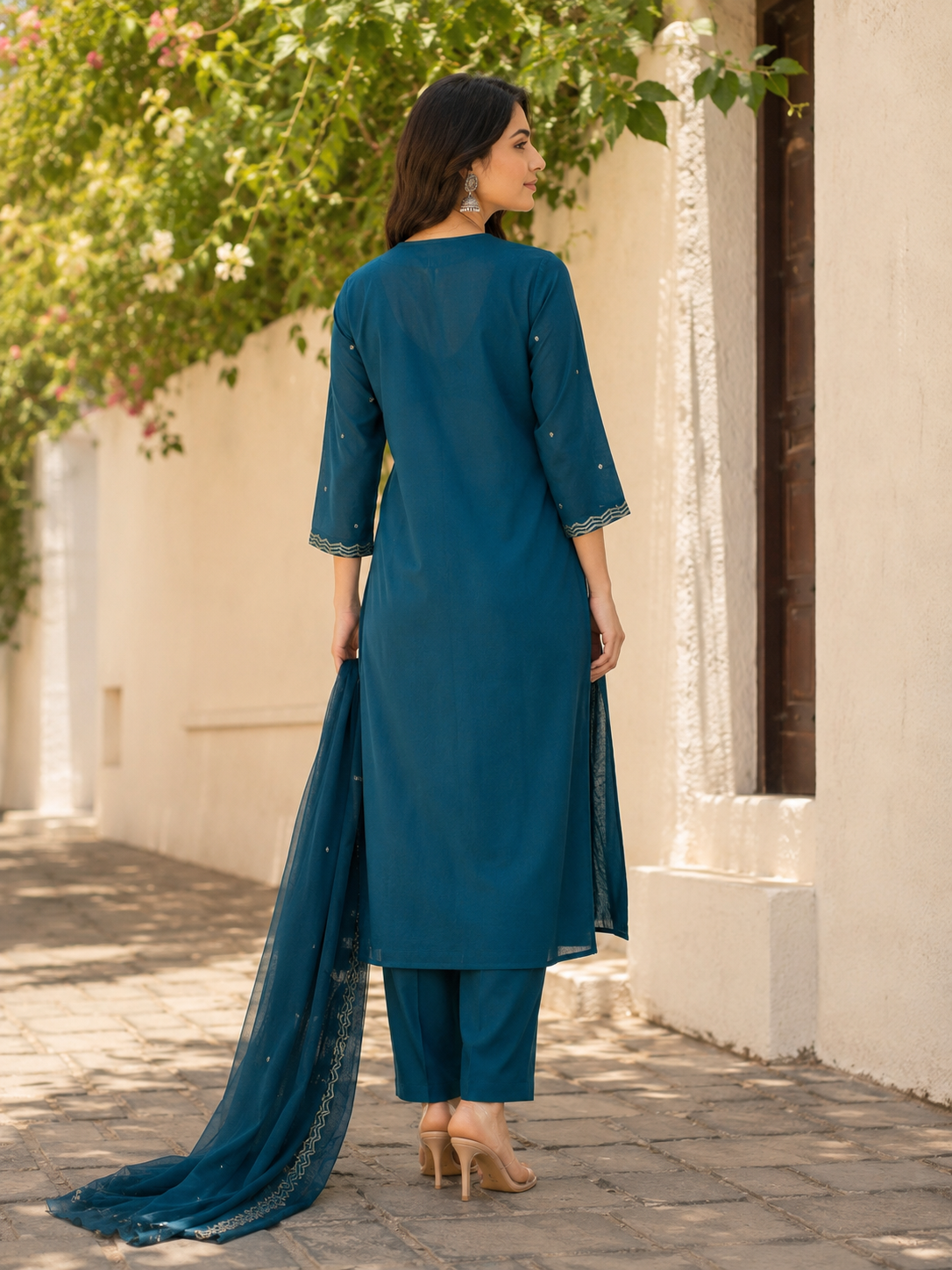 Teal Silly Cotton Straight suit with Zardozi , Mirror & beads Work