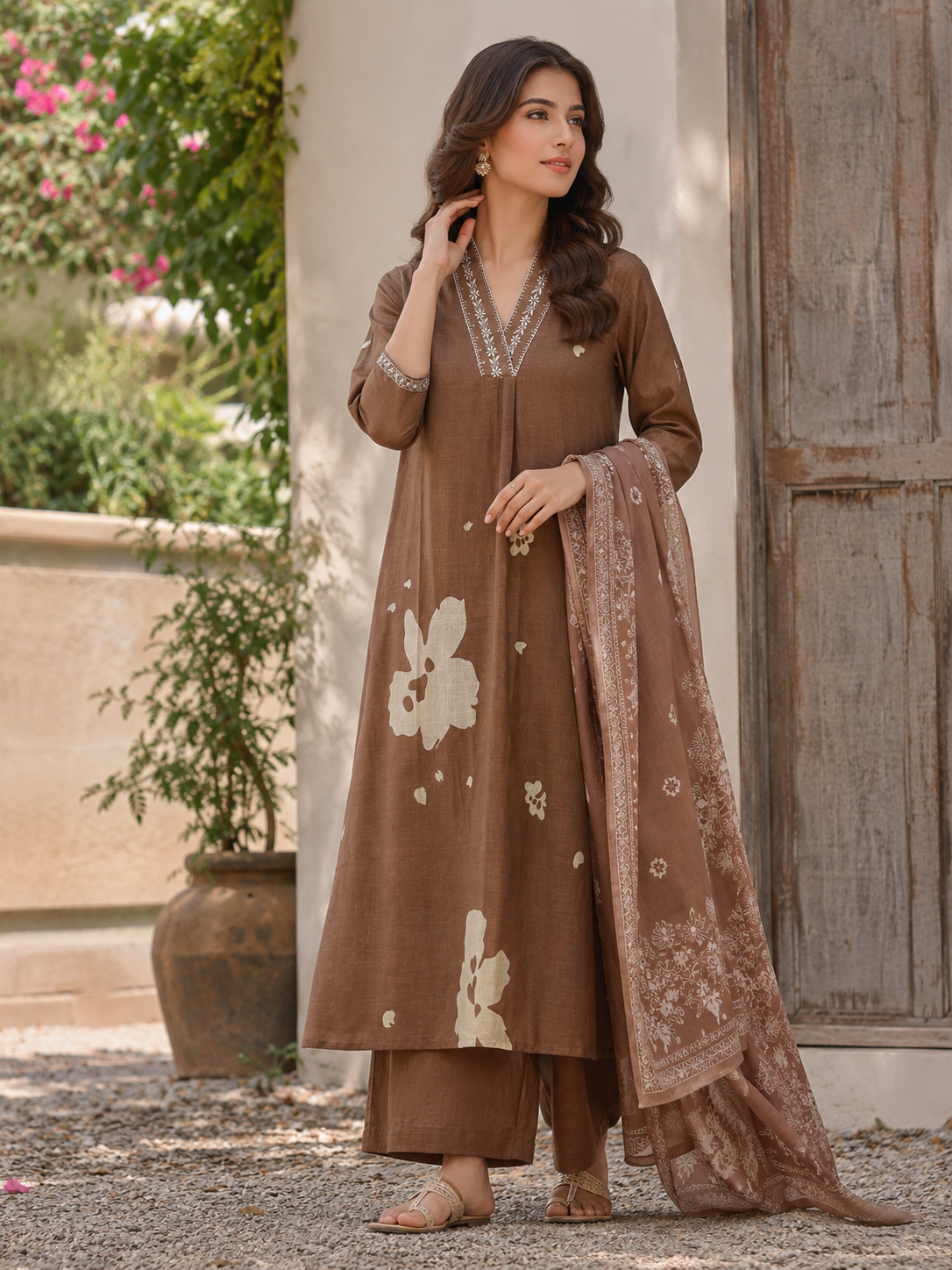 Printed Pure Cotton A-Line suit with embriodery work