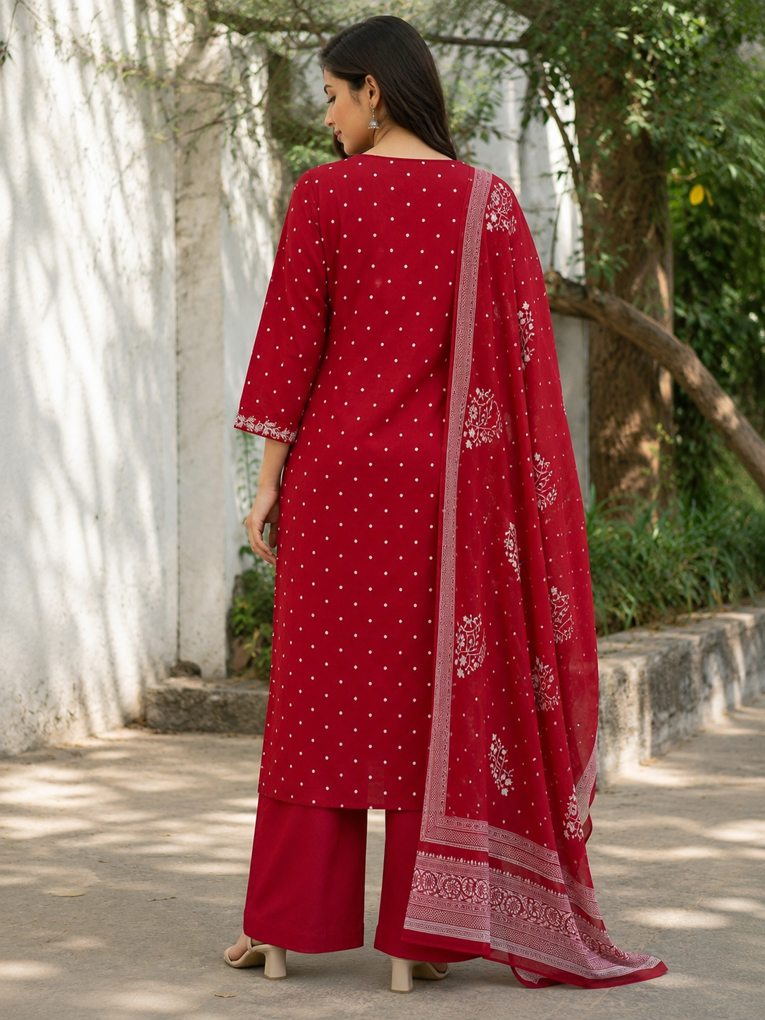 Brick Red Polka Dot Printed Pure Cotton Straight suit with Thread Embroidery