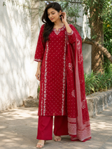 Brick Red Polka Dot Printed Pure Cotton Straight suit with Thread Embroidery