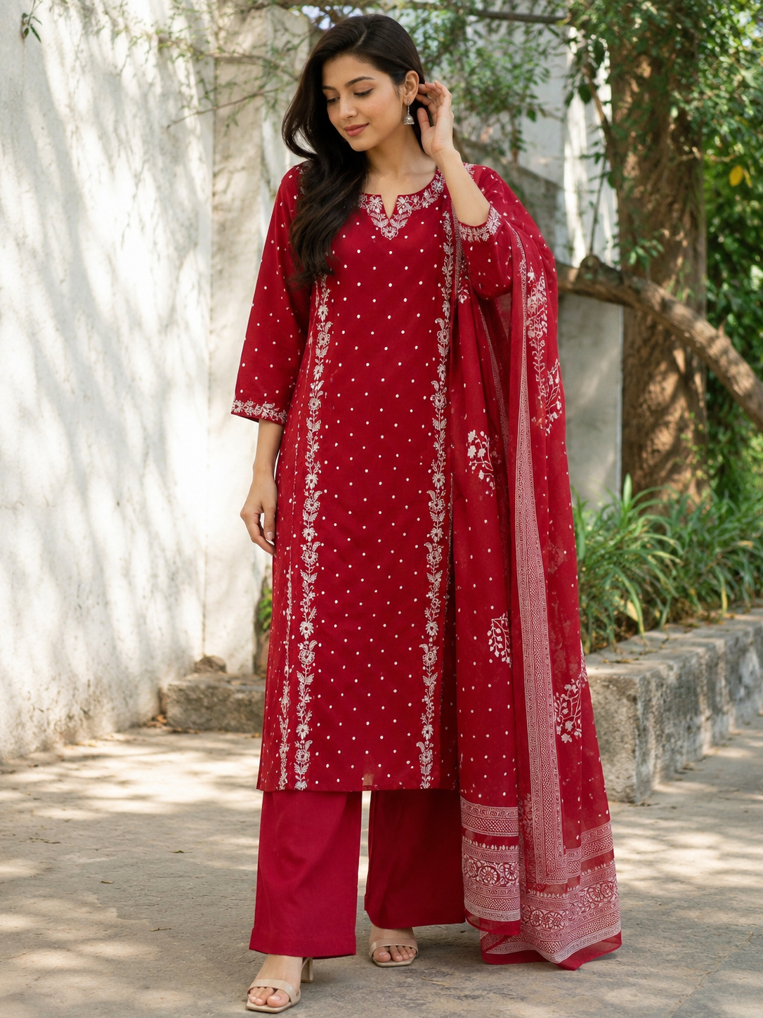Brick Red Polka Dot Printed Pure Cotton Straight suit with Thread Embroidery