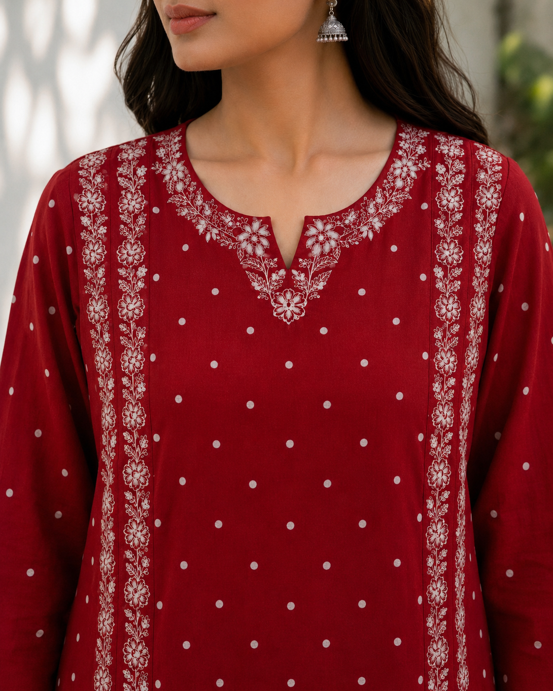 Brick Red Polka Dot Printed Pure Cotton Straight suit with Thread Embroidery
