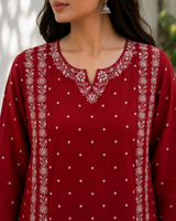 Brick Red Polka Dot Printed Pure Cotton Straight suit with Thread Embroidery