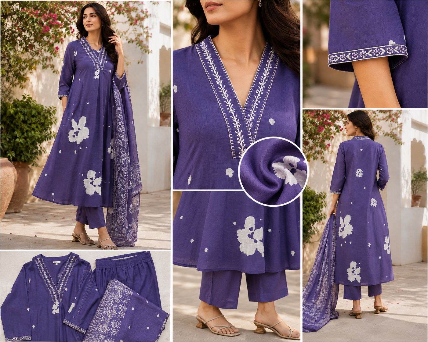 Printed Pure Cotton A-Line suit with embriodery work