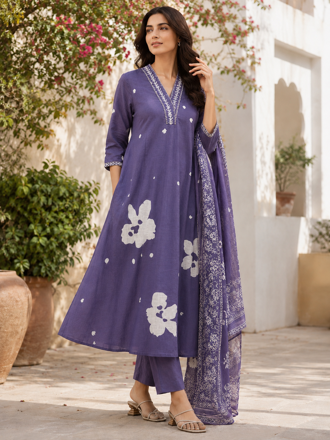 Printed Pure Cotton A-Line suit with embriodery work