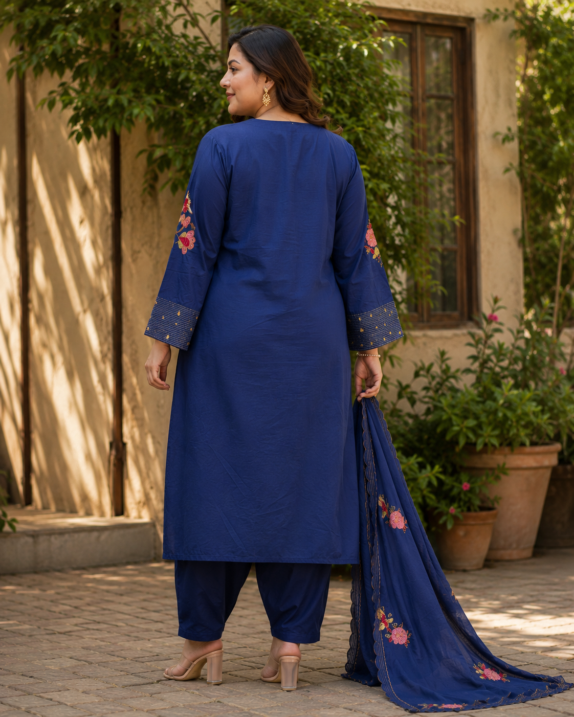 Navy Blue Pure Cotton Straight suit with Embroidery work