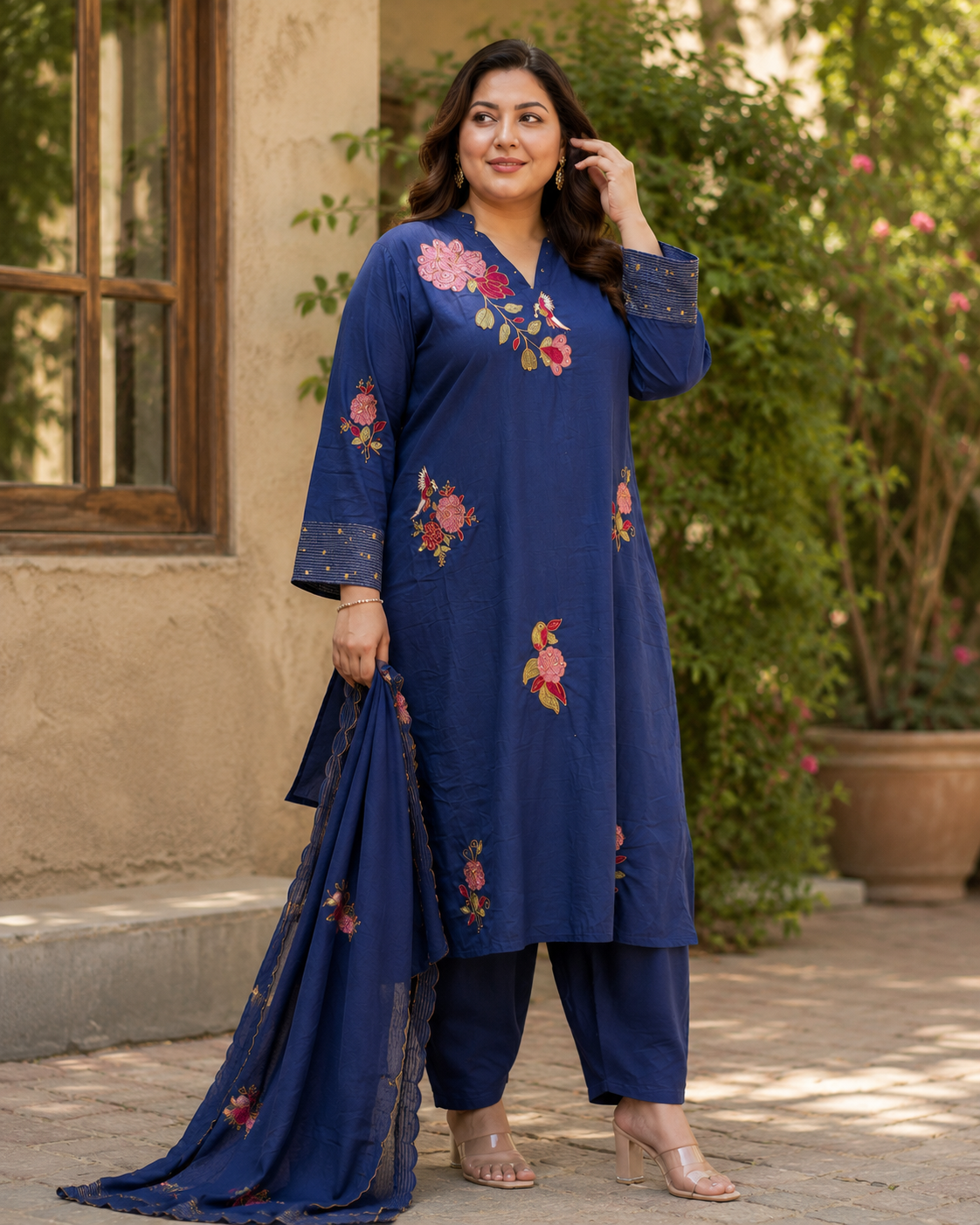 Navy Blue Pure Cotton Straight suit with Embroidery work