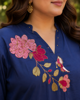 Navy Blue Pure Cotton Straight suit with Embroidery work