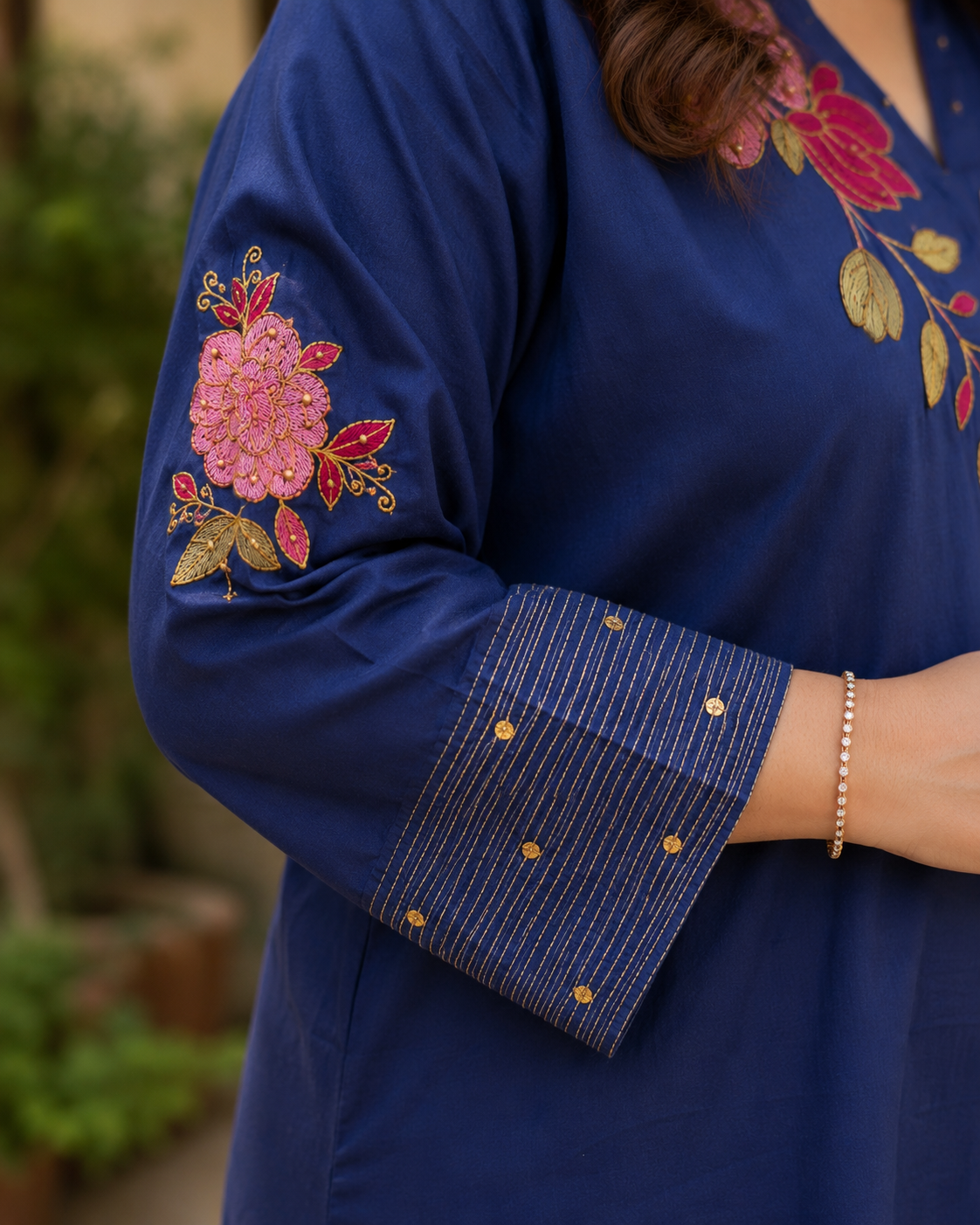 Navy Blue Pure Cotton Straight suit with Embroidery work