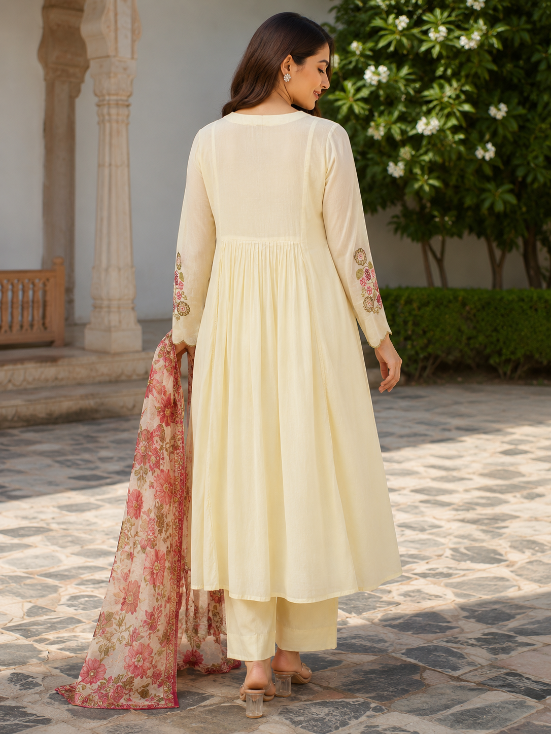 Cream Mul Cotton A-line suit with Embroidery & Lace Work