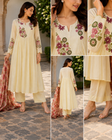 Cream Mul Cotton A-line suit with Embroidery & Lace Work