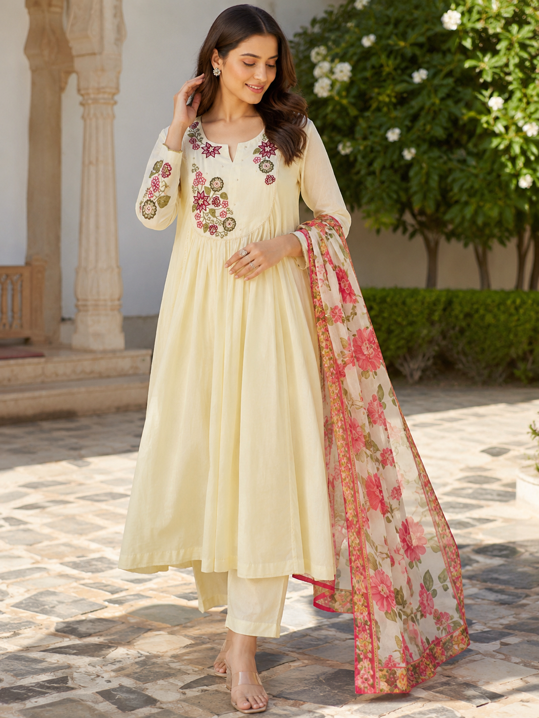 Cream Mul Cotton A-line suit with Embroidery & Lace Work