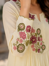 Cream Mul Cotton A-line suit with Embroidery & Lace Work