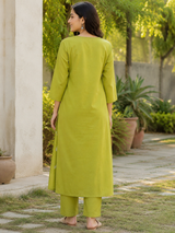 Apple Green Pure Cotton Straight Suit with Embroidery