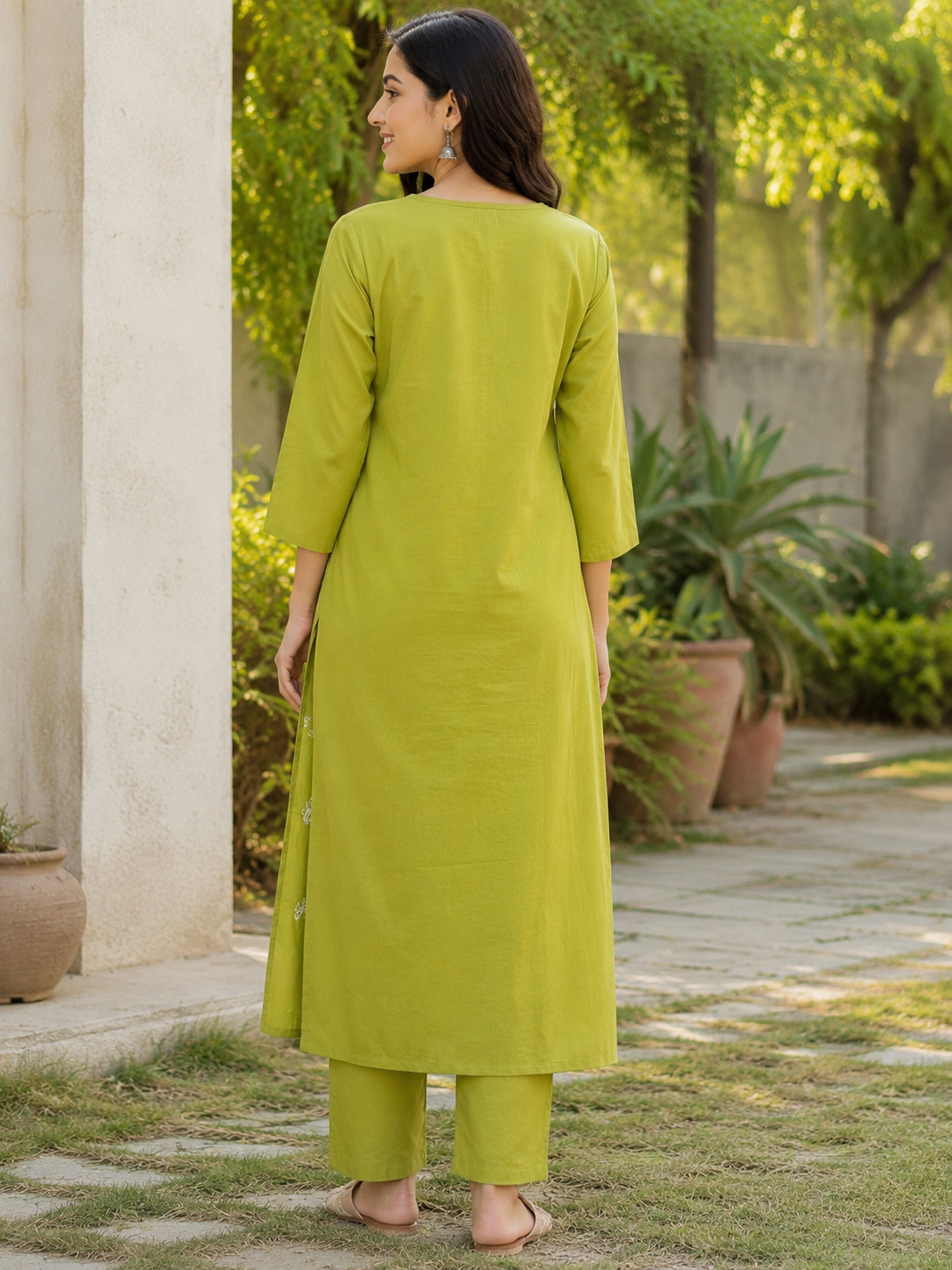 Apple Green Pure Cotton Straight Suit with Embroidery